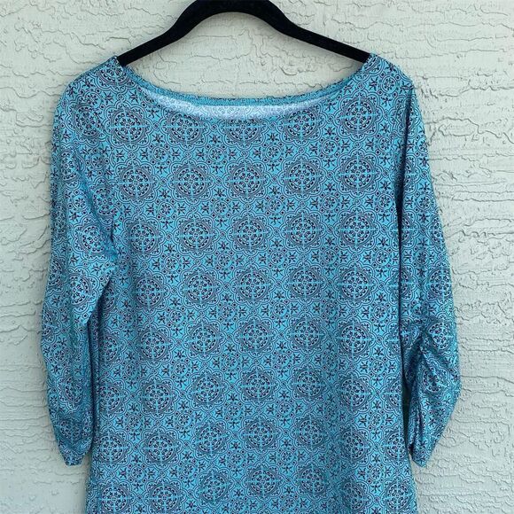 Lola 3/4 Sleeve Ruched Dress Blue Print Size S Casual Spring - Picture 4 of 6